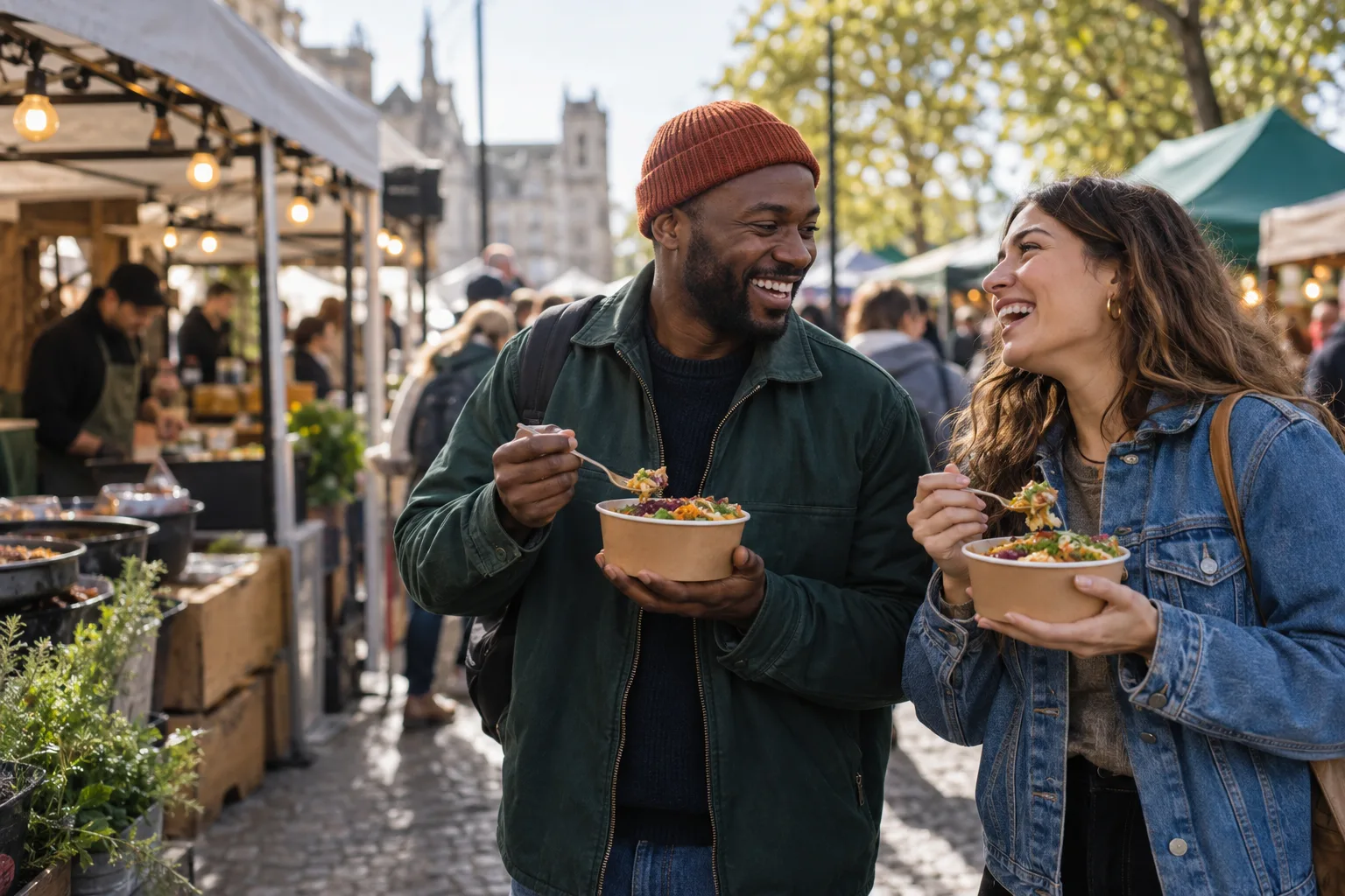 Two people enjoying food together at an outdoor market